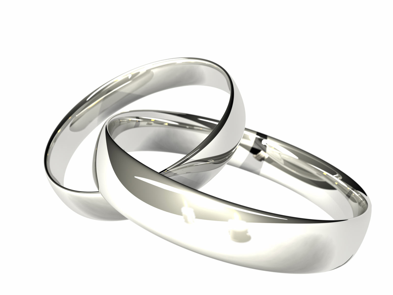 Computer rendered. Two linked rings in platinum or silver. Two candles reflected. Shallow depth of field.